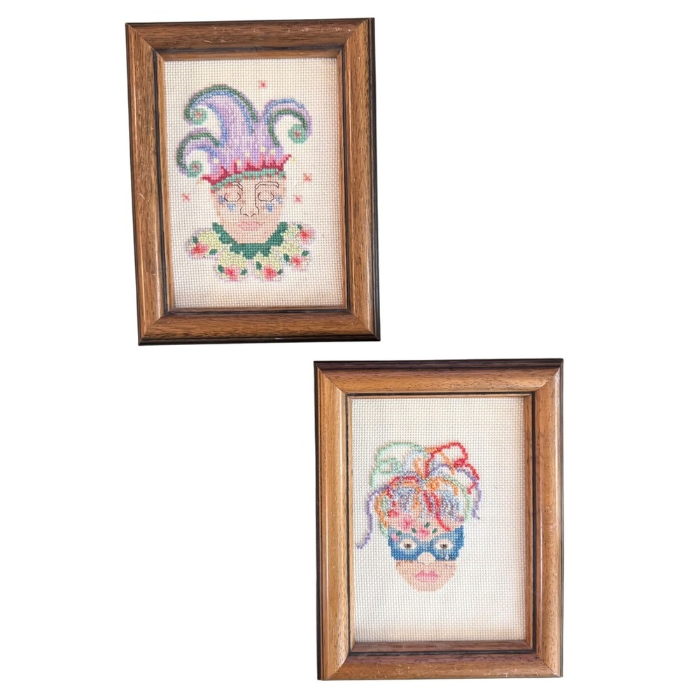 Vintage Handmade Cross Stitch Beaded Jester & Masquerade Mardi Gras‎ Framed Pair